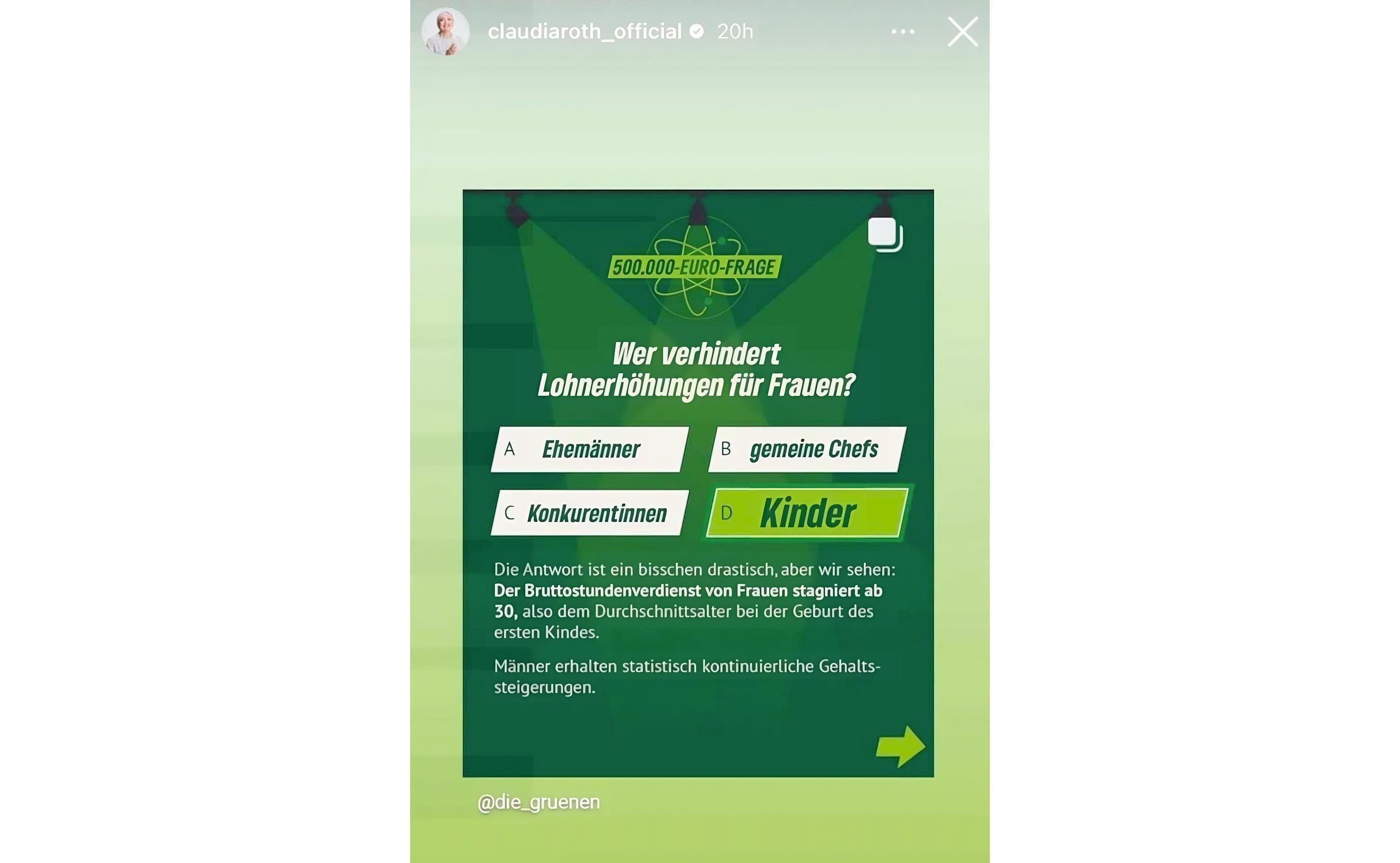 Post von Claudia Roth von Die Grünen nennt Kinder als Verdienstbarriere