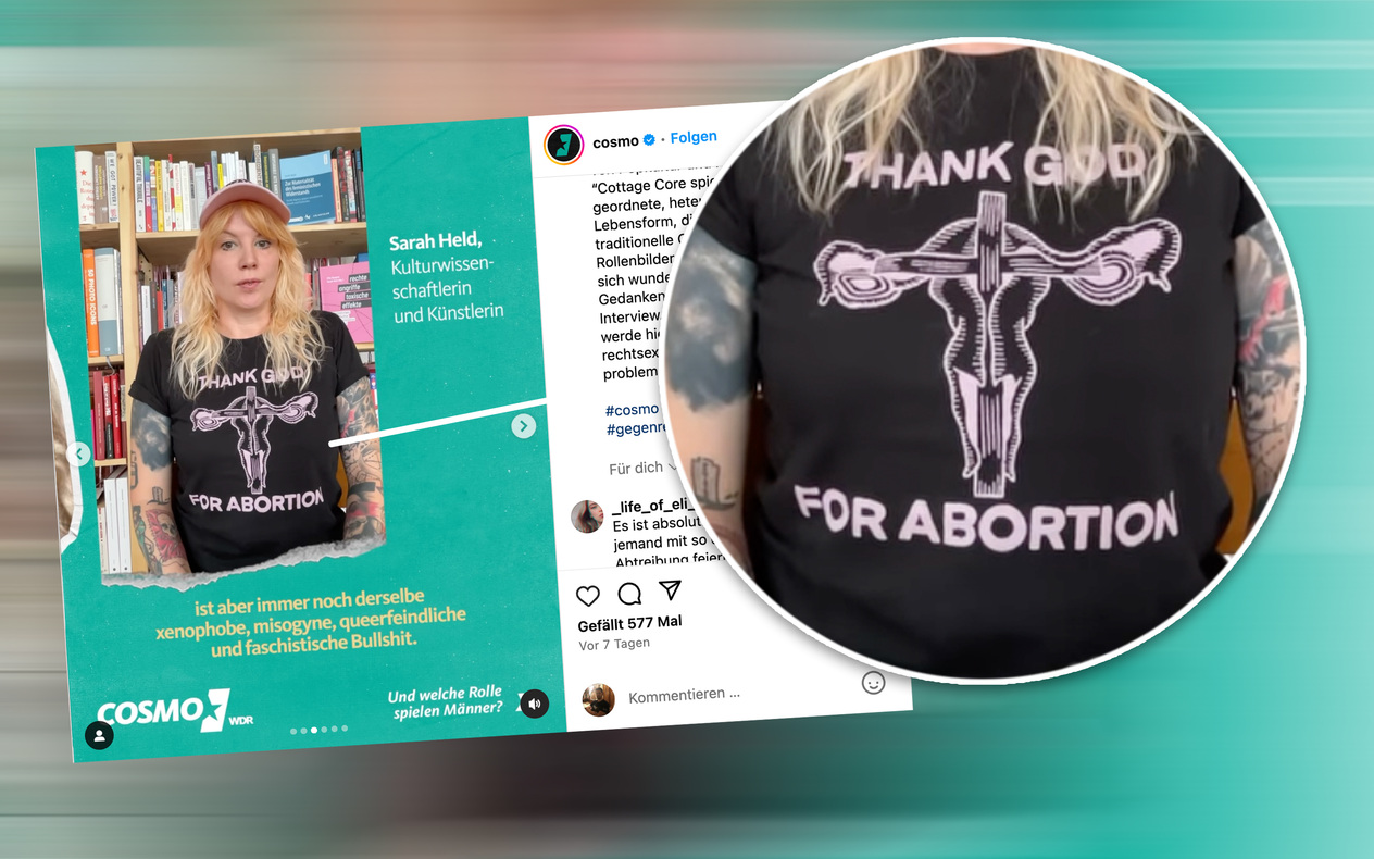 Die österreichische Kulturwissenschaftlerin Sarah Held auf dem Instagram-Kanal „cosmo“, betrieben von WDR und Radio Bremen: Wie soll ein radikal-atheistischer Slogan den „gesellschaftlichen Zusammenhalt fördern“?