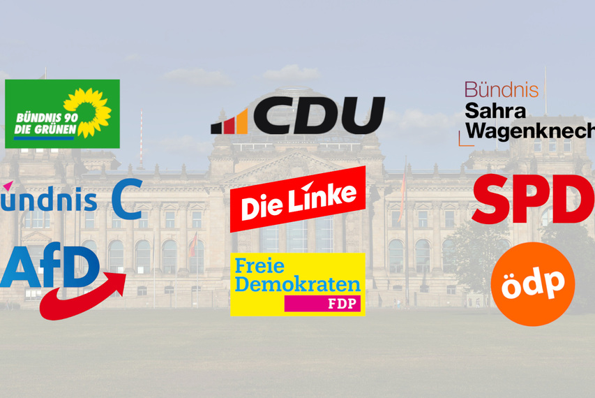 Logos der großen Parteien vor dem Bundestag